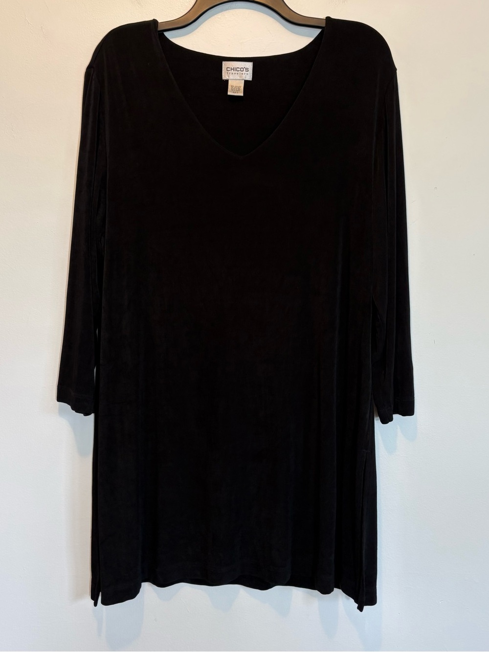 Chico’s Travelers Black Slinky Knit V-Neck Tunic Top XL Chico’s 3 Classic